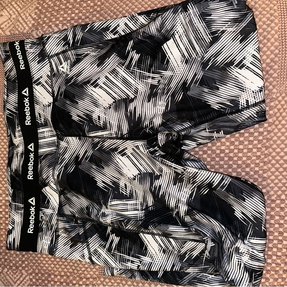 Reebok Black and White Athletic Shorts with Geometric Pattern